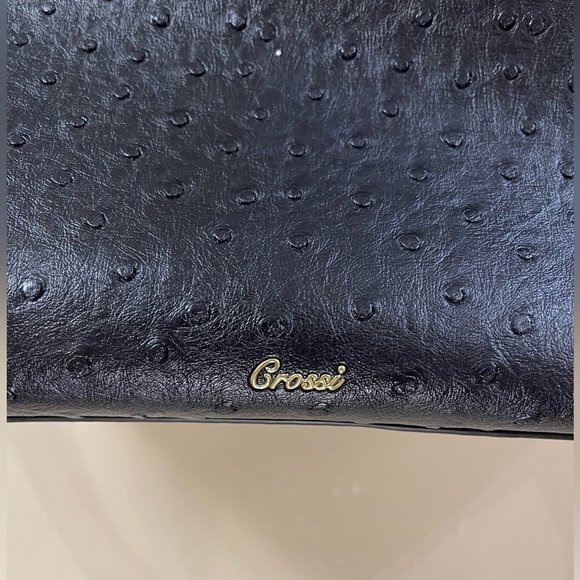 Crossi Black Faux Ostrich Black Handbag with Bow Shoulder Strap Crossbody - Picture 5 of 11